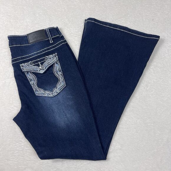 True Luck Women's Bell Bottom Flare Leg Jeans 11/12 Bling Dark Wash Thick Stitch - Picture 1 of 10